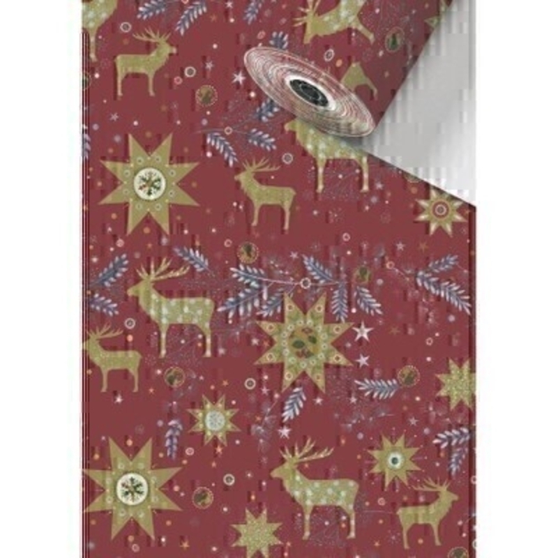 Red festive reindeers and stars Christmas roll wrap paper by Swiss designer Stewo. Bright white coated 80gsm Christmas wrapping paper. Approx size of roll 70cm x 2metres.